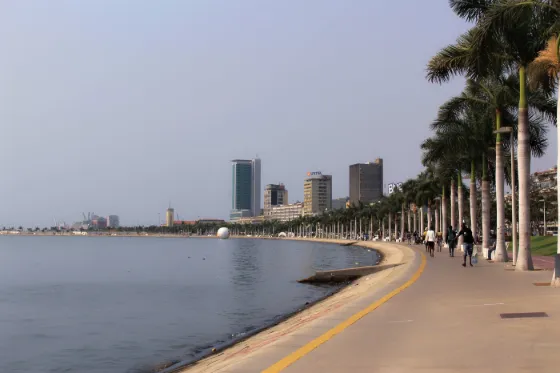 The curving palm-lined promenade of Luanda's bay, with the city's towers along the far shore