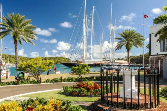 Yacht masts rising above palms and flowering gardens at English Harbour, Antigua
