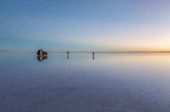 The vast white expanse of the Salar de Uyuni, the world's largest salt flat, in the Bolivian Andes
