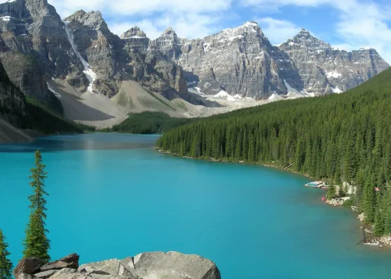 Moraine Lake's turquoise glacial water ringed by the Valley of the Ten Peaks, Banff National Park, Alberta