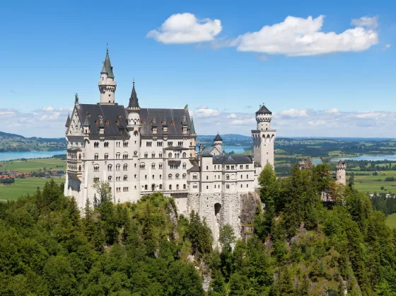 Neuschwanstein Castle perched on a hill in the Bavarian Alps, Germany