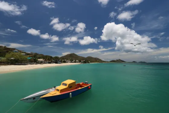 A small yellow and white boat moored in clear turquoise water off Carriacou, with low green hills behind