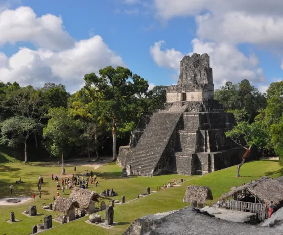 Tikal Temple II, an ancient Maya pyramid rising above the jungle canopy in Guatemala