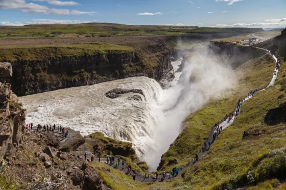 Gullfoss, a two-tiered waterfall on the Hvita river in southwest Iceland