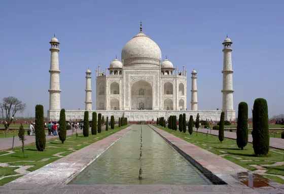 The Taj Mahal, a white marble mausoleum on the bank of the Yamuna river in Agra, India