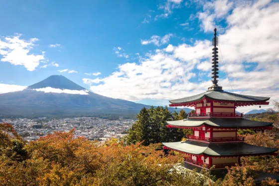 Mount Fuji seen from Chureito Pagoda, Japan, with autumn foliage in the foreground