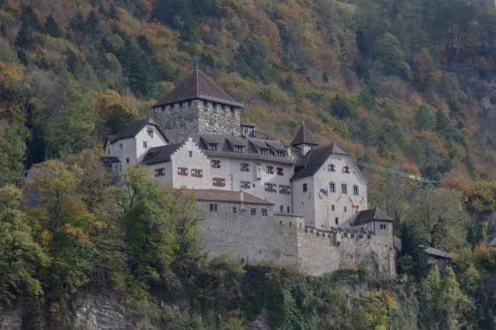 The white walls and towers of Vaduz Castle set on a wooded hillside above the valley, Liechtenstein