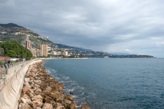 Apartment towers stacked up the hillside above the Mediterranean shoreline at Monte Carlo, Monaco