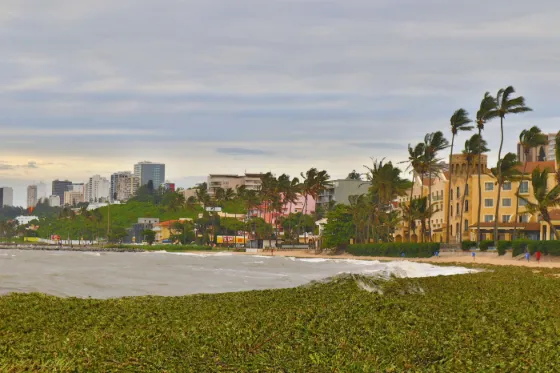 The beachfront and low buildings of Maputo curving along its bay, with the city skyline beyond