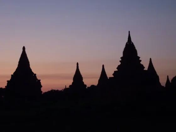 Buddhist temples and pagodas rising from the plain at Bagan, Myanmar