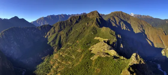 Aerial view of the Inca citadel of Machu Picchu in the Andes mountains, Peru