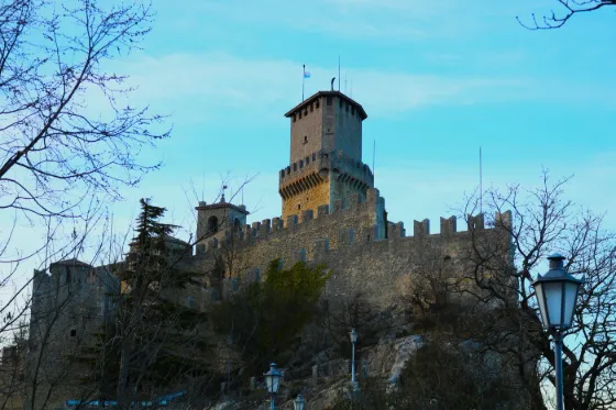 The stone Guaita tower and its battlements on the rocky ridge of Monte Titano, San Marino