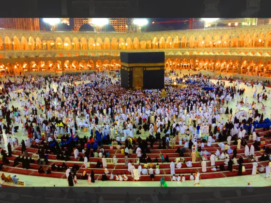 Pilgrims performing Tawaf, circling the Kaaba, inside the Masjid al-Haram in Mecca