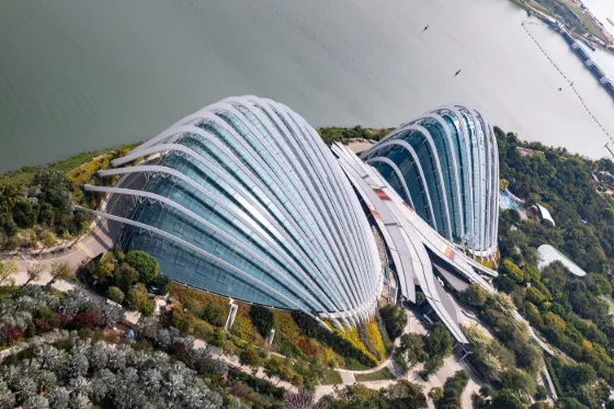 View from Marina Bay Sands over Gardens by the Bay and the Singapore skyline