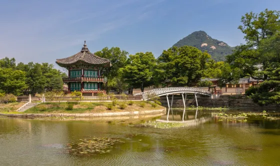 Hyangwonjeong Pavilion and its bridge at Gyeongbokgung Palace, Seoul, South Korea