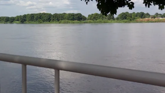 The wide, calm Nile at Juba seen over a railing, with low green banks on the far side
