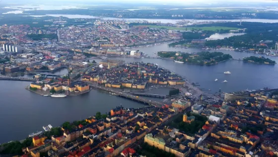 Aerial view of Stockholm's old town, Gamla Stan, surrounded by the waters of the Baltic archipelago