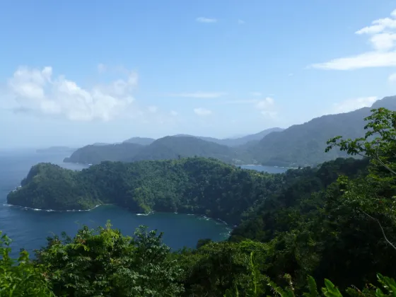Forested hills enclosing the deep blue curve of Maracas Bay on Trinidad's north coast