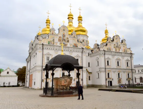 The Dormition Cathedral's golden domes at the Kyiv Pechersk Lavra, a cave monastery complex in Kyiv, Ukraine