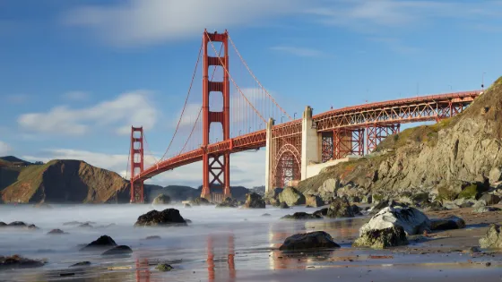 The Golden Gate Bridge spanning the strait between San Francisco Bay and the Pacific Ocean, seen from Marshall's Beach