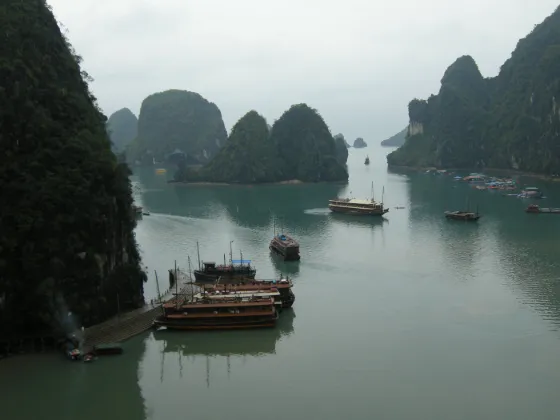 Aerial view of the limestone karst islands of Ha Long Bay, Vietnam